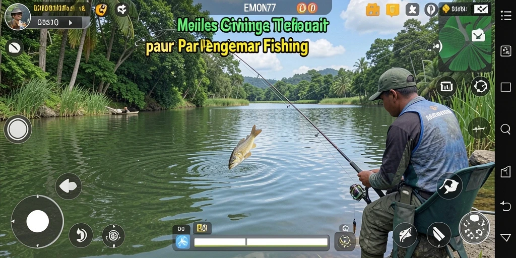 Screenshot gameplay EMON77 menampilkan aksi memancing yang seru.
